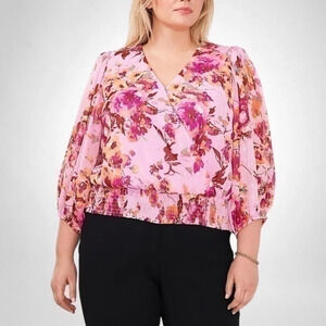 MSK WOMENS PLUS SIZE METALLIC V-NECK BLOUSE GOLD PINK PURLPE ORANGE SIZE 1X